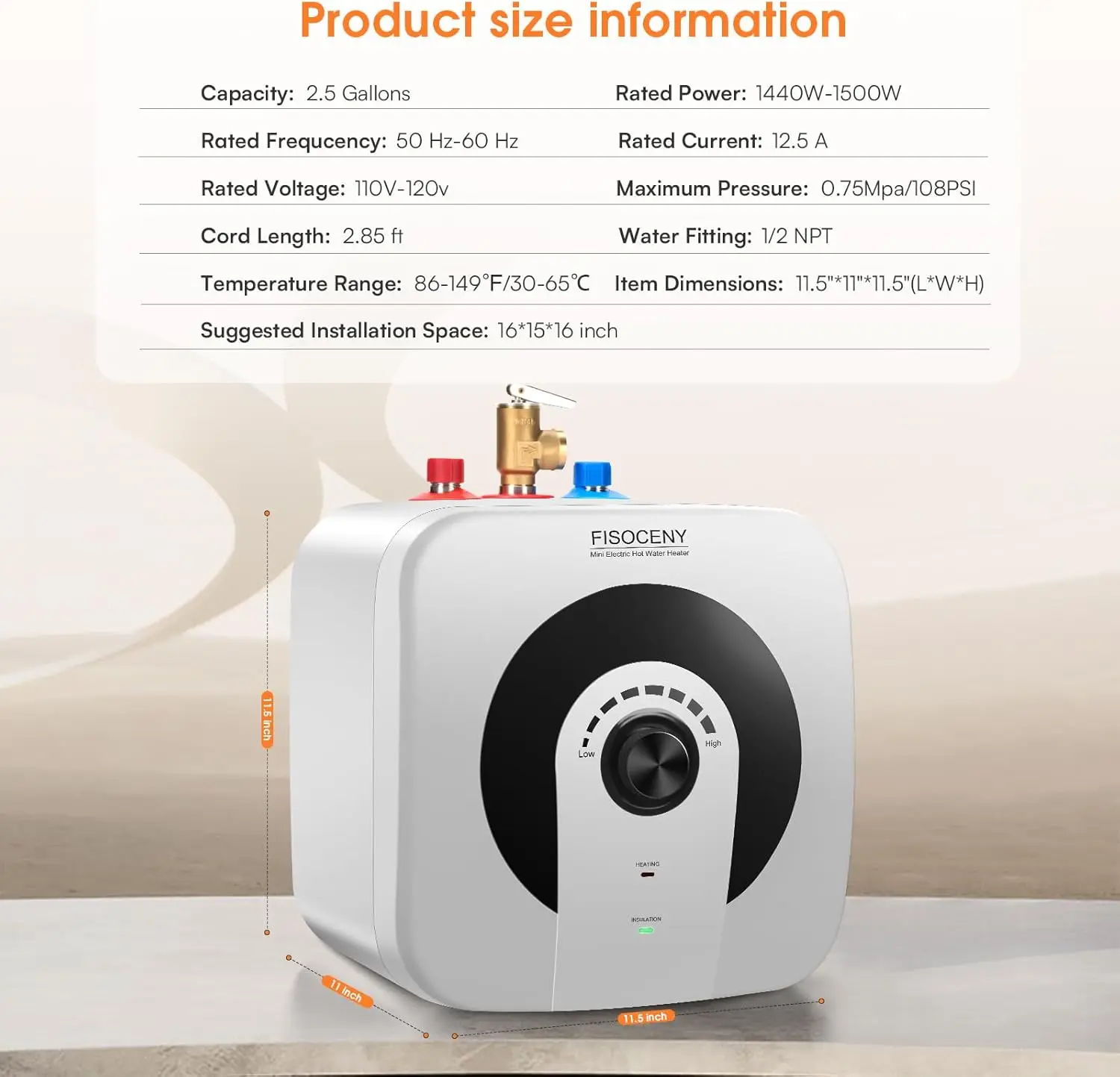 Sink Instant Water Heater Electric 2.5 Gallons Mini Tank Hot Water Heater 110V 120V 1500W Rv Water Heater with Safety Vavle