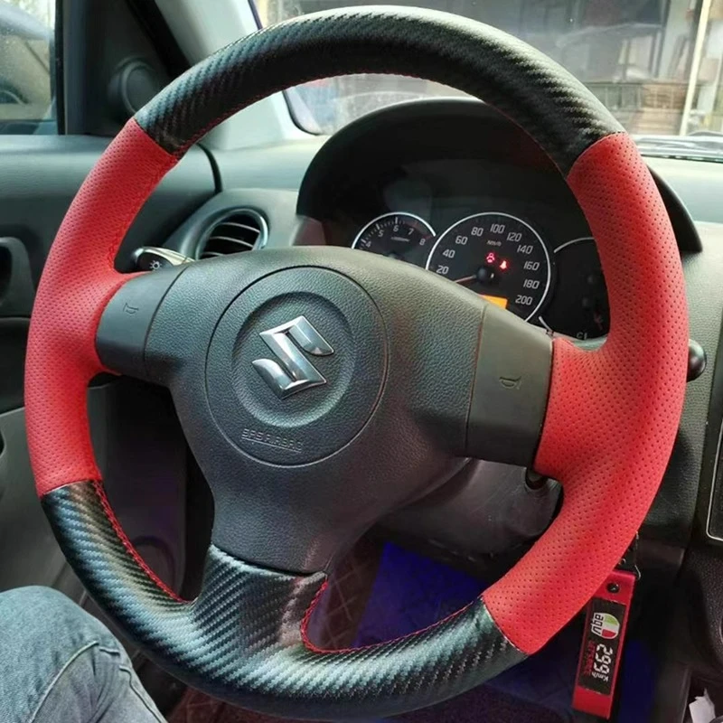 For Suzuki SX4 Alto Old Swift Opel Agila Hand Stitchedred Genuine Leather non-slip wear-resistant black Car Steering Wheel Cover
