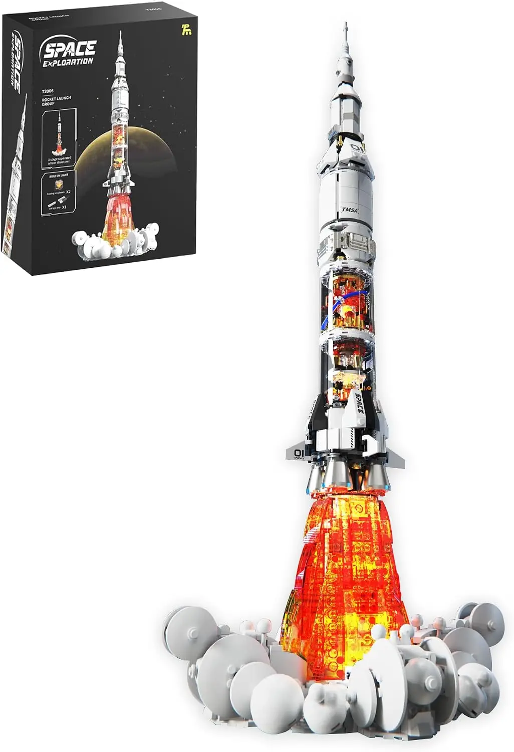 Space-Rocket Building Blocks Sets, STEM 1201PCS 6+ Stage Separated Arrow Model Rockets Kit, Light Strip NASA Toys for