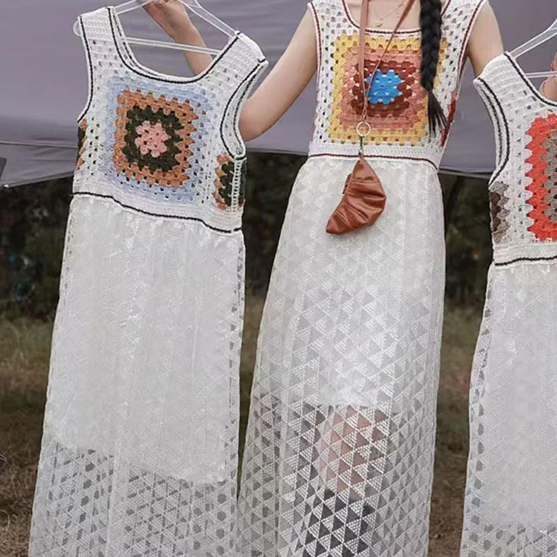 Boring Honey – robe débardeur rétro brodée à col carré, Patchwork, Design Unique et élégant à lacets pour femmes à la mode, printemps