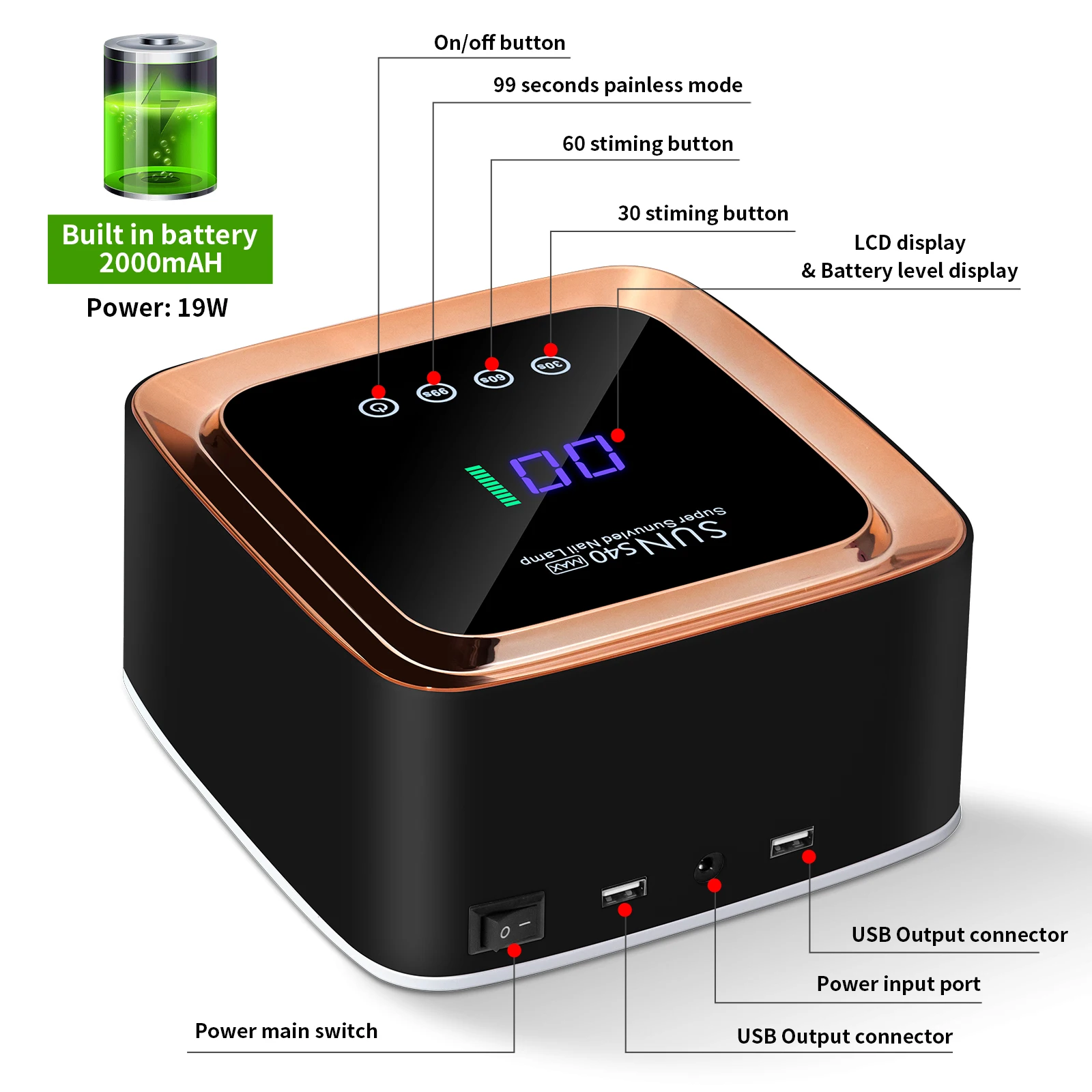 57 Lampada per unghie UV LED Asciugacapelli gel ricaricabile con timer Sensore automatico Display LCD Strumento luminoso per manicure a grande schermo