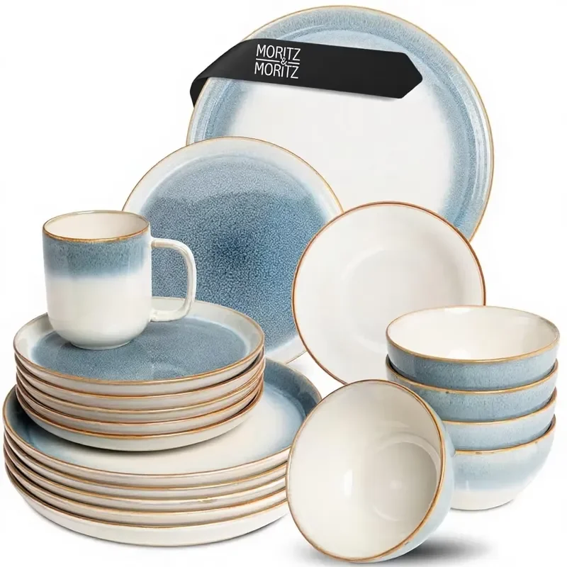 Moritz Moritz TARENTO 48-Piece 12-Person Gold Inlay Round Elegant Stoneware Crockery Set with 12 Dinner Dessert & Soup Plates