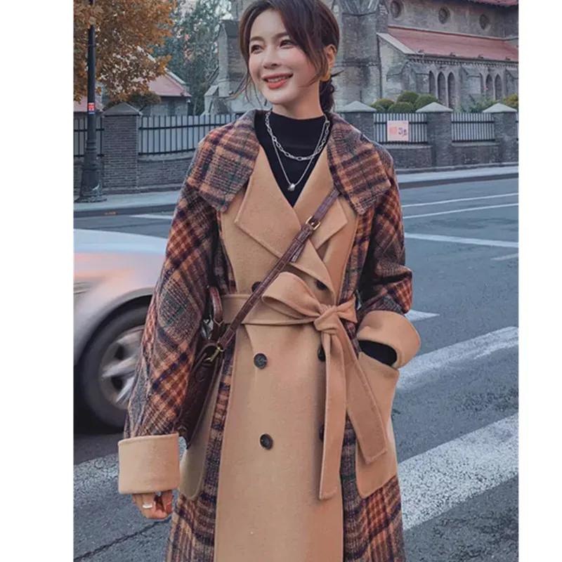 Plaid Patchwork Woolen Jacket Women's Coat 2024 Winter New Korean Hepburn British style Woolen Coats Female Long Overcoat