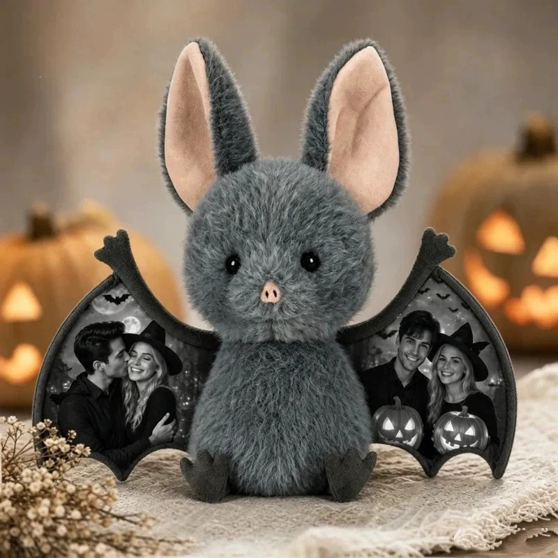 Custom Photo Bat Plush Doll Halloween Stuffed Toy Personalized Picture Bat Wings Soft Plushie Gift for Couple Memorial Decor