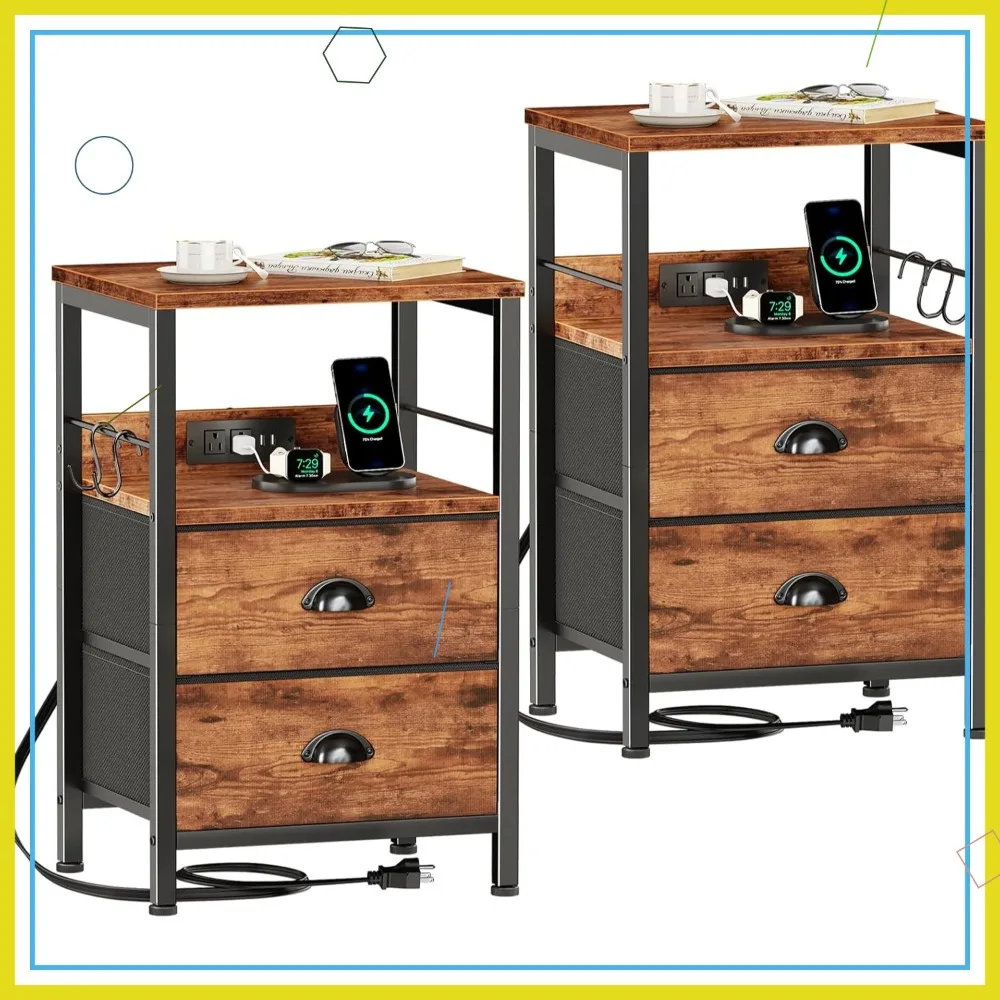 

Rustic Brown Nightstand Set of 2 with Charging Station, USB Ports, Fabric Drawers & Storage Shelf for Living Room/Bedroom