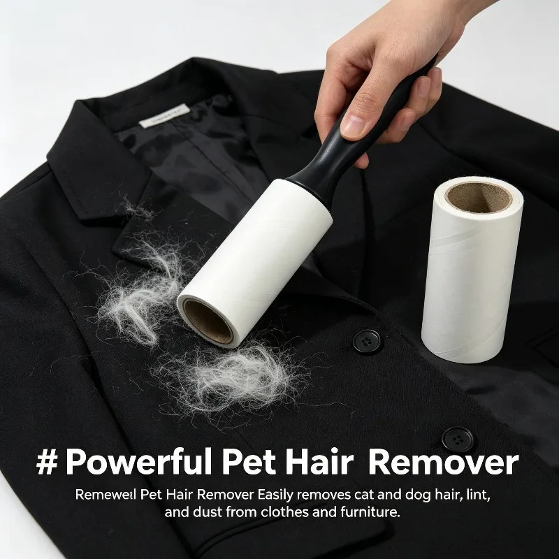4 Pack Lint Roller Set, 1 Reusable Black Handle with 3 Extra Sticky Refill Rolls, Easy Tear Pet Hair Remover for Clothes, Sofa,