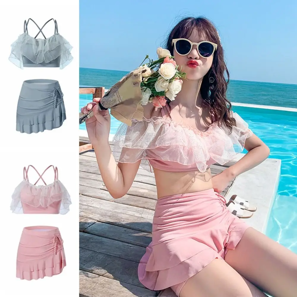 

Ins Slim Fit A-line Skirt Swimsuit Puff Ruffle Off Shoulder Lace Ruffled Bathing Suit Beachwear Two Pieces Set Swimwear Swimming