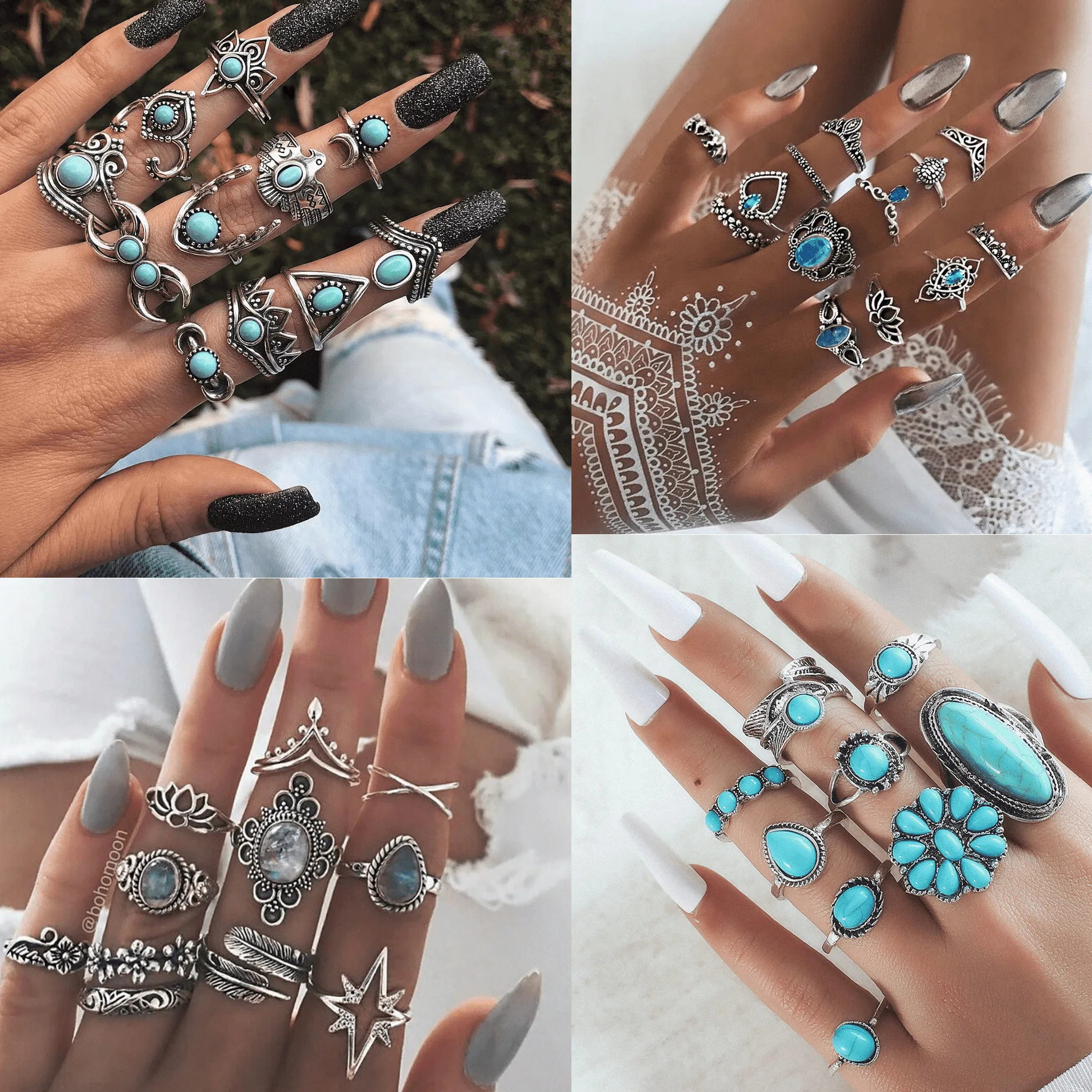 

New Vintage Bohemian Feather Turquoise Hollow 9-Piece Set Ring Factory