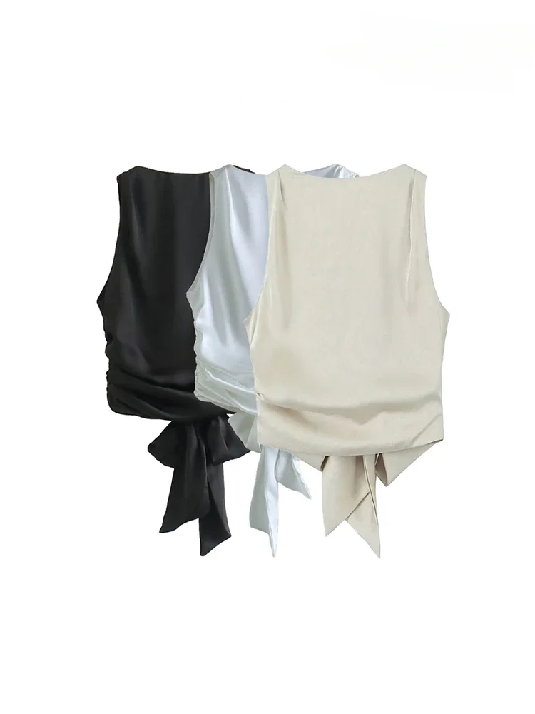 

2024 New Women Fashion with Tied Satin Back Open Crop Blouses Vintage O Neck Sleeveless Female Shirts Chic Tops