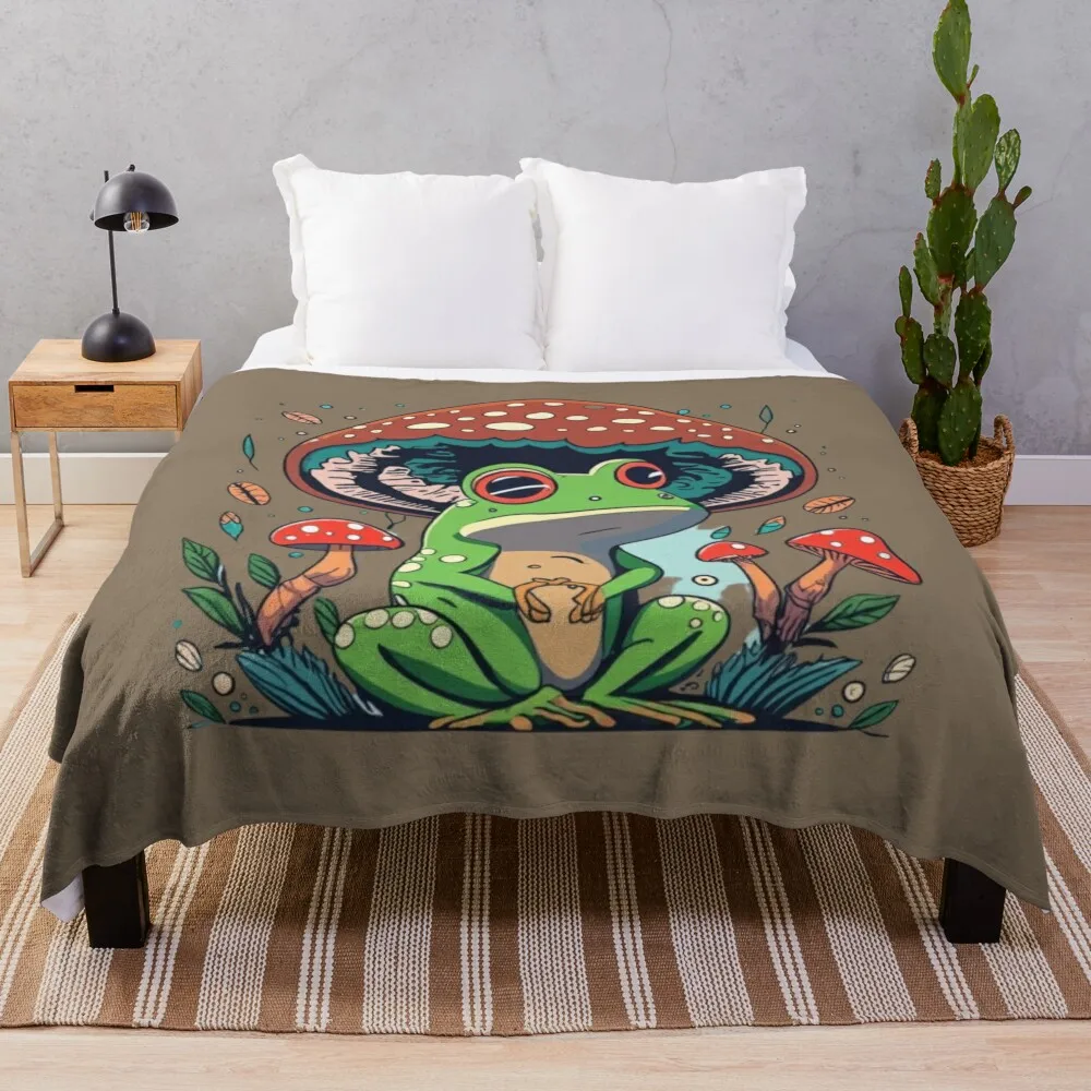 Frog with mushroom, Crazy mushroom Angry mushroom Draw mushroom Cartoon Throw Blanket Sofas Decoratives Travel Blankets