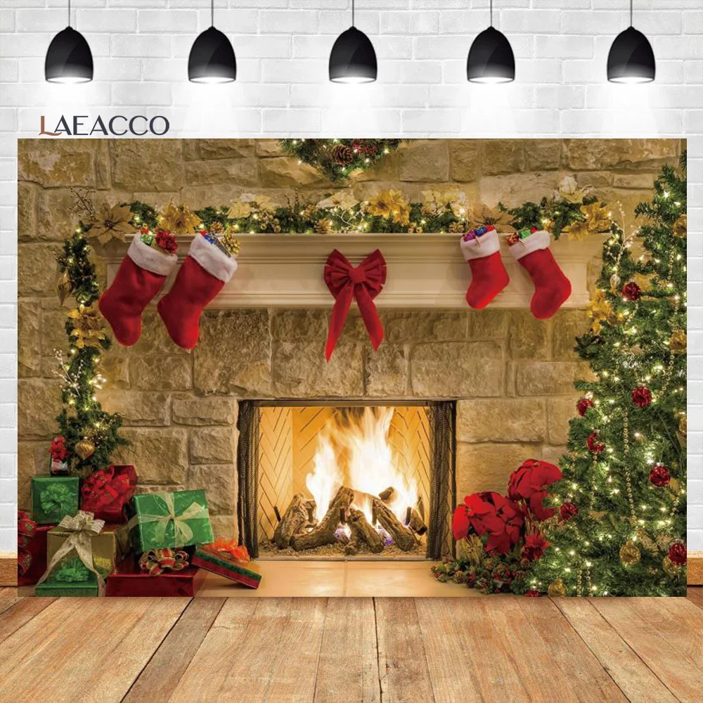 Laeacco Christmas Photography Backdrop Interior Glitter Xmas Trees Fireplace Kids Newborn New Year Party Decor Photo Background