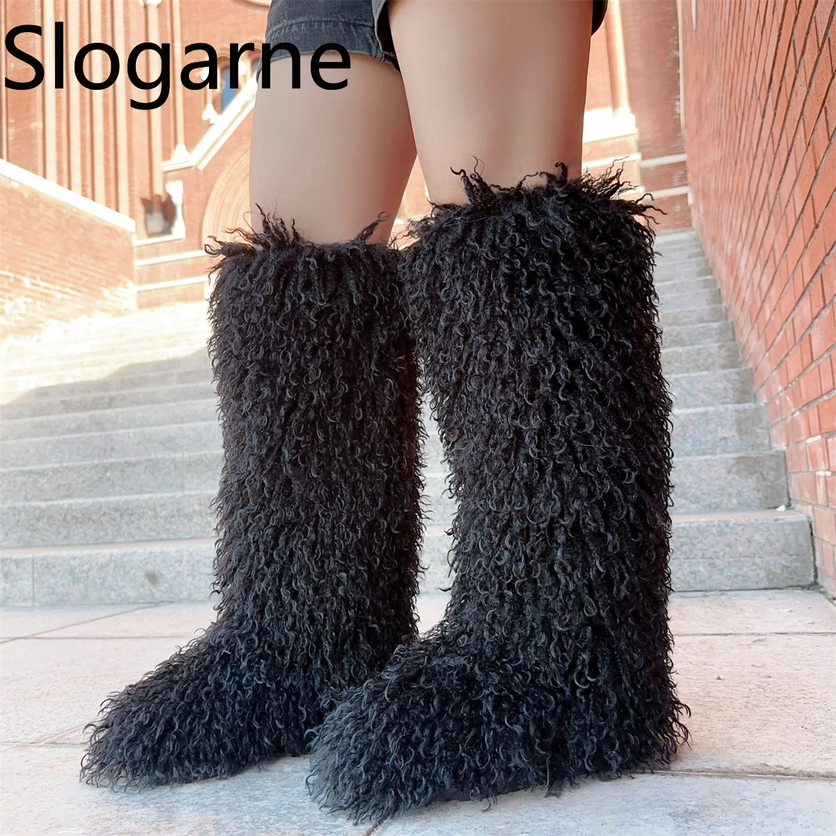 Luxury Winter Faux Fur Knee High Boots Women Wool High Tube Fur Snow Boots Fluffy Faux Mongolian Fur Platform Shoes Girls Boots - view 5