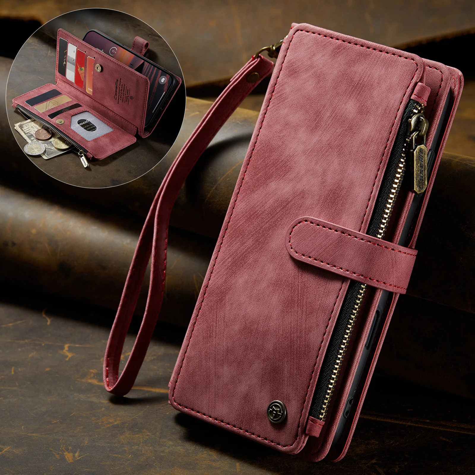 Briefcase Leather Slim - Zipper Wallet Leather Cards Solt Phone