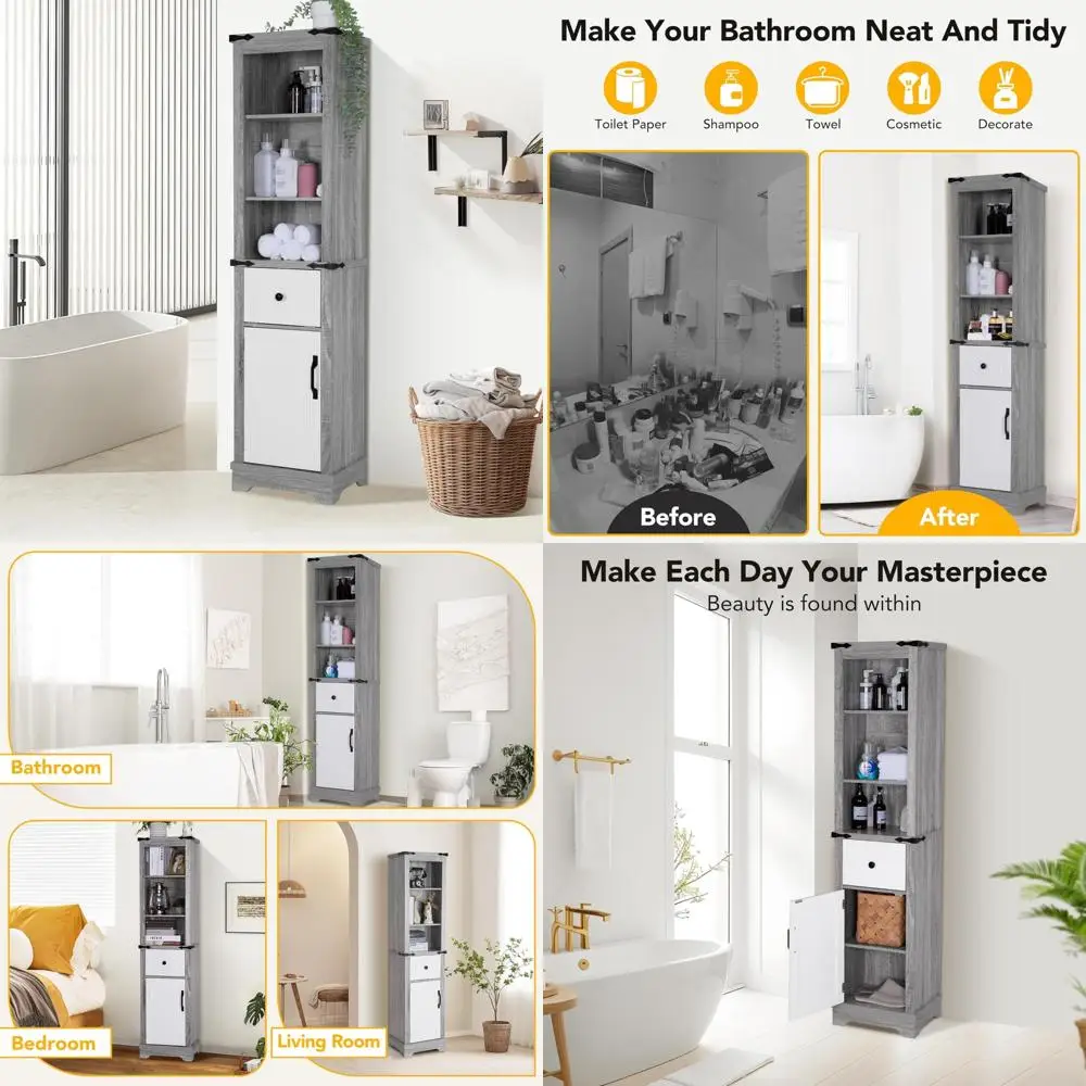 

elegant 63" tall wooden cabinet with 5 shelves and drawers for bathroom storage