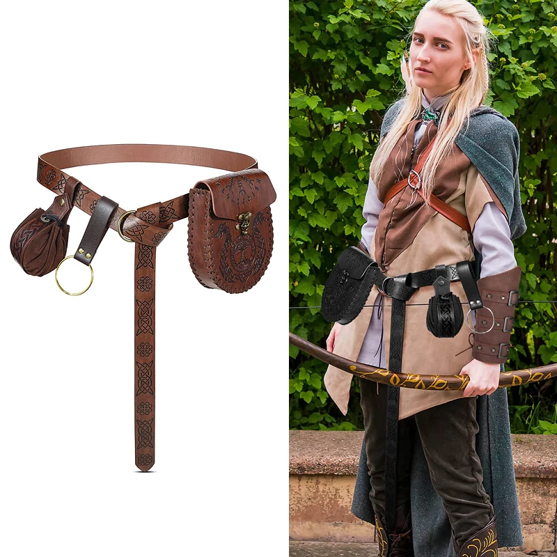 

2pcs/4pcs Halloween medieval knight Retro Leather Belt Purse Fanny Pack Key Ring set Renaissance Viking warrior accessories