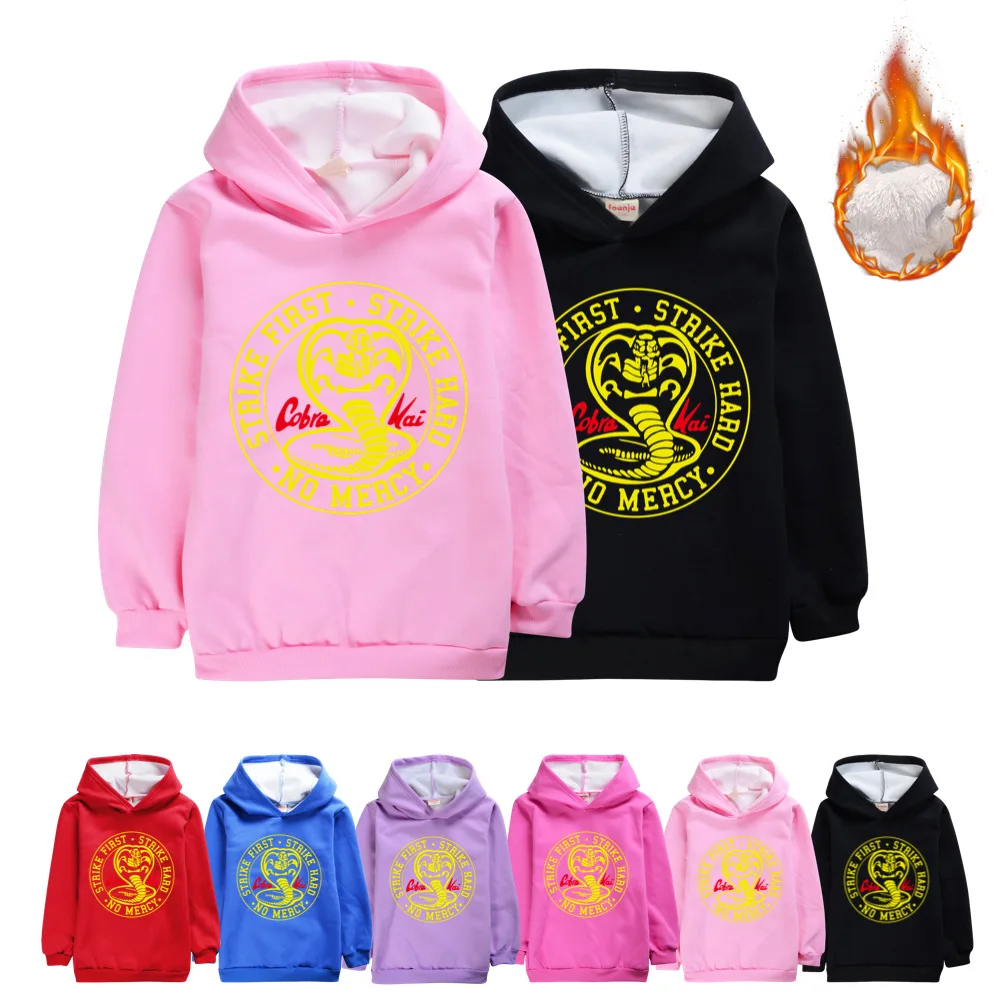 

Kids Fall Keep Warm Hooded Sweatshirt Cobra Kai Children Winter Clothing Boys Plus Velvet Sweater Fleece Fall Clothes