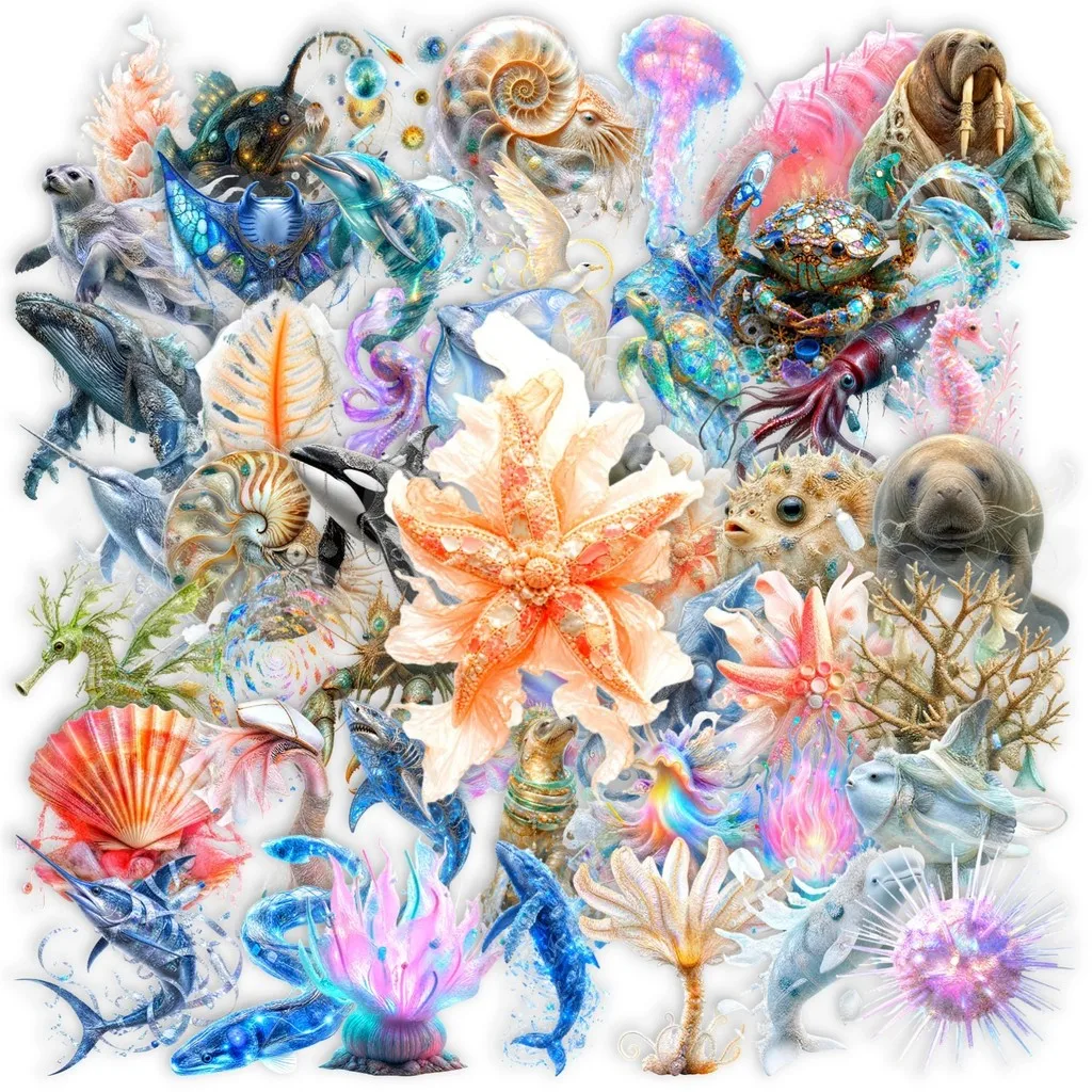 50Pcs Clear PET Crystal Marine Life Stickers Dreamy Deep Sea Whale Shell Waterproof Decals For Journal Decor Papery Pop Store