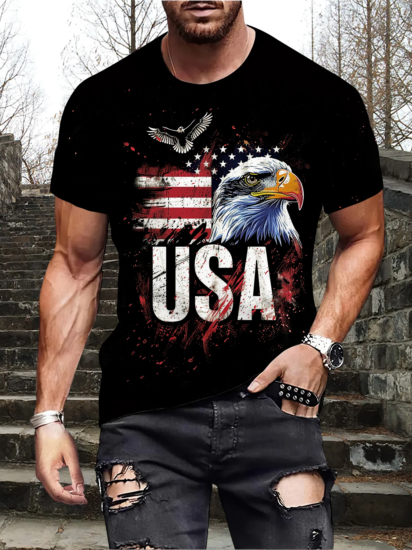 USA Flag And Bald Eagle Pattern T-shirt  Stylish And Cool Top For Summer Street And Sports Wear