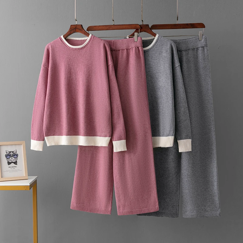 2 Pieces Thick Warm Set Women Knitted Tracksuit O Neck Sweater Loose Jogging Pants Pullover Sweater Set CHIC Knitted Outwear