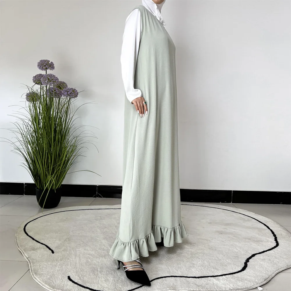 

Eid Djellaba Muslim Ruffles Abayas for Women Sleeveless Maxi Dress Kaftan Ramadan Islam Clothing Arabic Robe Turkey Caftan Gown
