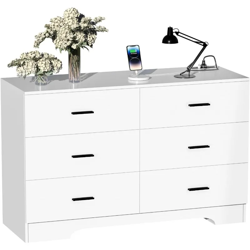 

Dresser with Power Outlets Wooden 6 Drawer Dresser with USB and Type C Port Chest of Drawers for Bedroom