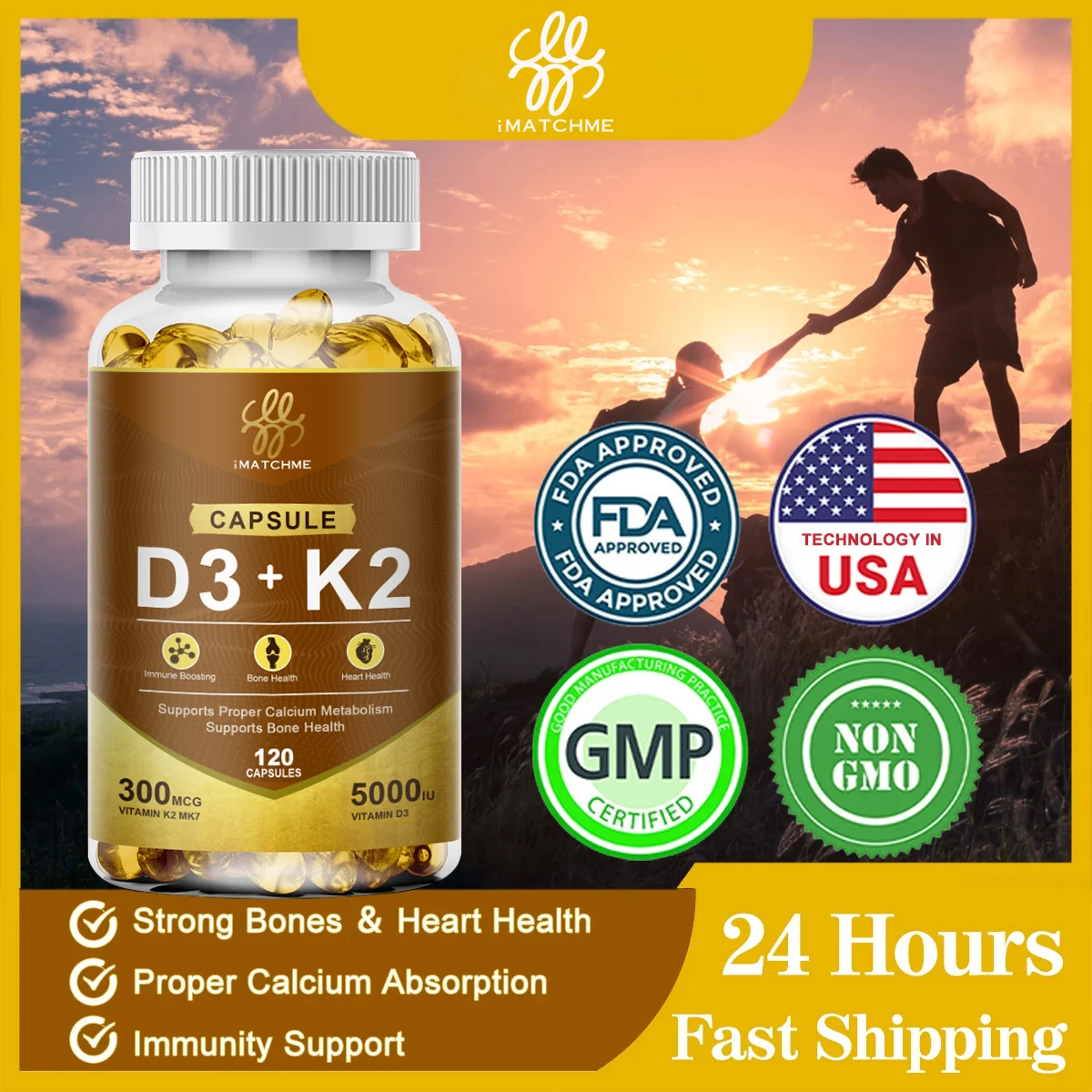 Organic Vitamin D3+K2 Capsule for Boosting Calcium Absorption Support Bone & Joint & Immunity Support