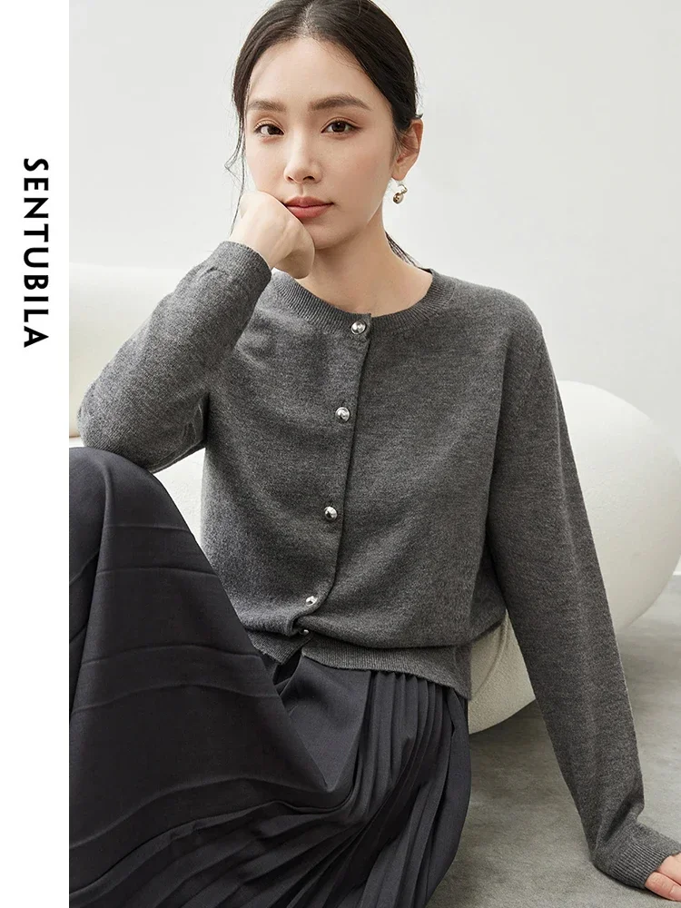 SENTUBILA Casual Loose Cardigan Women 2024 Autumn Solid Single Breasted Long Sleeve Round Neck Simple Basic Tops W43E56755