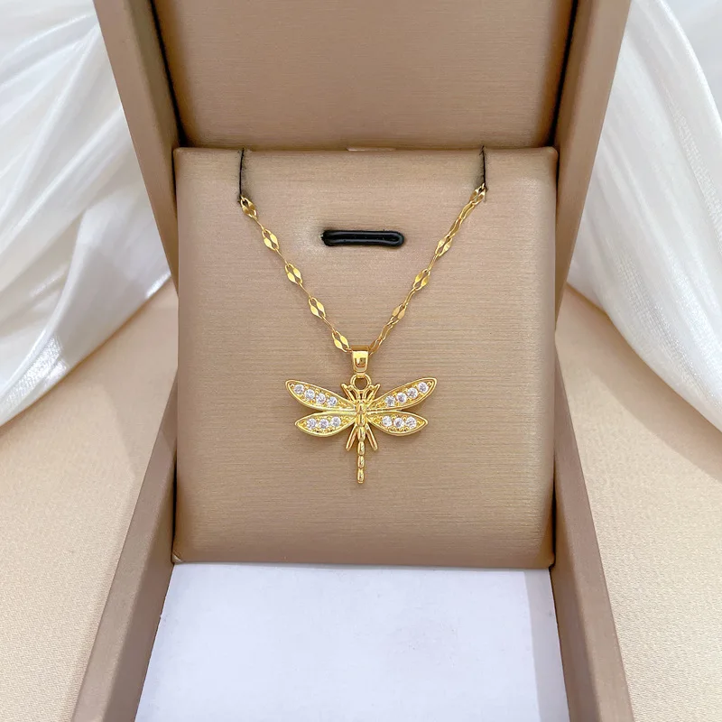 Exquisite Full Zircon Dragonfly Cartoon Pendant Necklace for Women Charm Gold Color Stainless Steel Chokers Korea Jewelry Gift