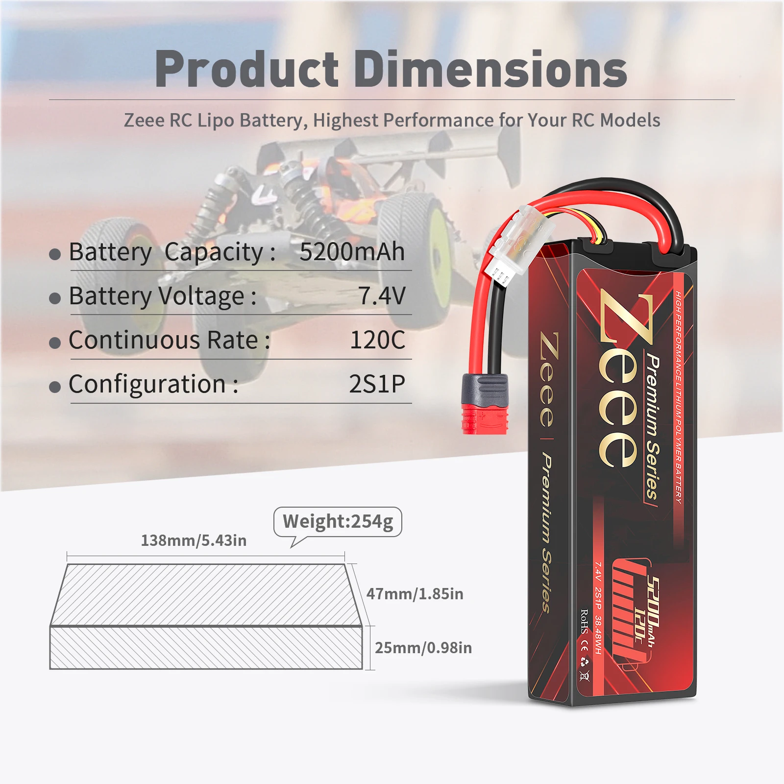 2pcs Zeee 2S Lipo Battery 5200mAh 120C Hardcase with T Plug for RC Car 1/8 1/10 Boats FPV Drones RC Models Parts-Premium Series