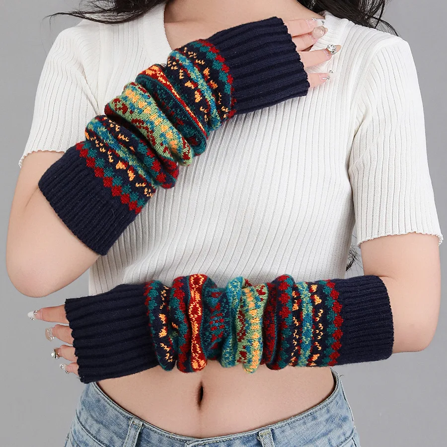 Aquecedores de pernas estilo boêmio espessos de outono e inverno para mulheres; aquecedores de braço com comprimento estendido para manter os dedos expostos