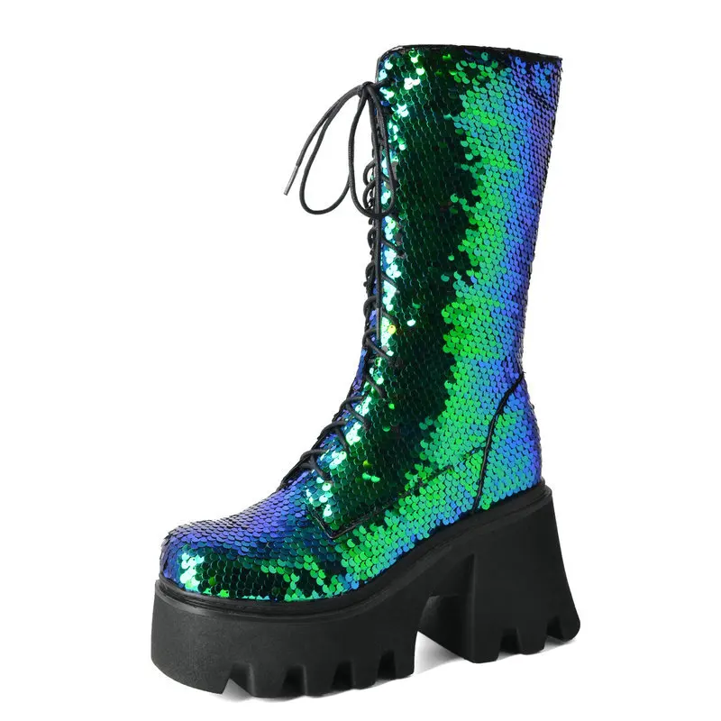 Sequins Cloth Bling Shiny Green Silver Black Fish Scale Pattern Lace-up Punk Goth Women Winter Shoes Chunky Heels Mid-calf Boots