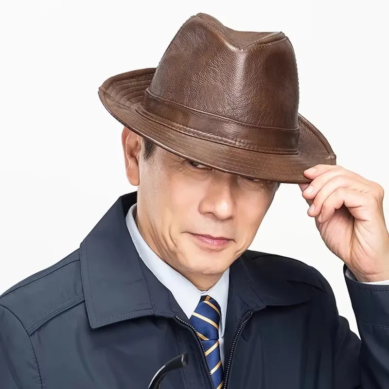 men's-high-quality-genuine-leather-jazz-fedora-hat-short-brim-black-brown-gentleman-cowskin-top-hat-with-crocodile-pattern-print