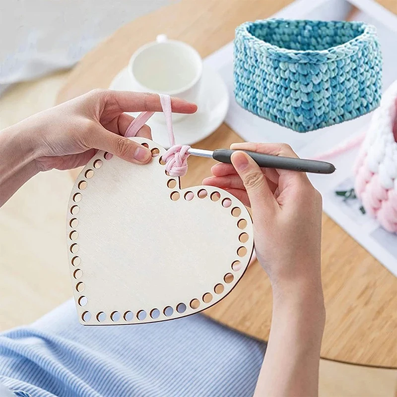 2Pcs Natural Wooden Basket Bottom Heart Shape Crochet Basket Wood Base