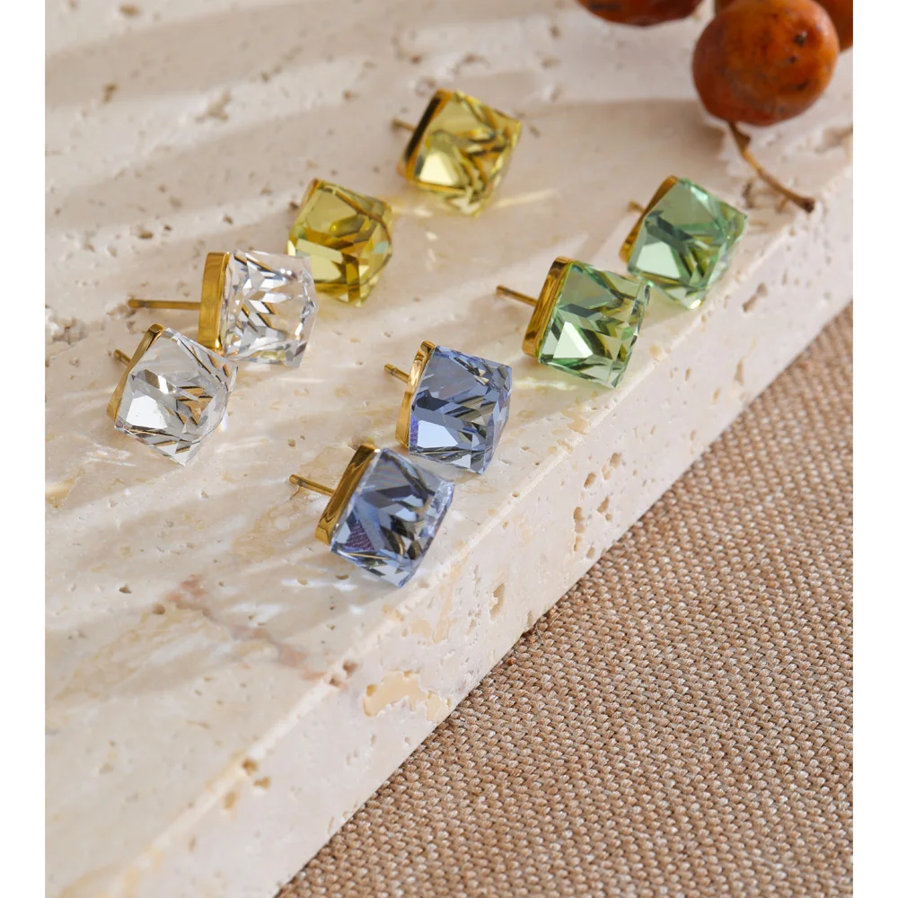 Yhpup Multi-Color Shiny K9 Crystal Square Stud Earrings High Quality Stainless Steel Gold Color Popular Daily Jewelry