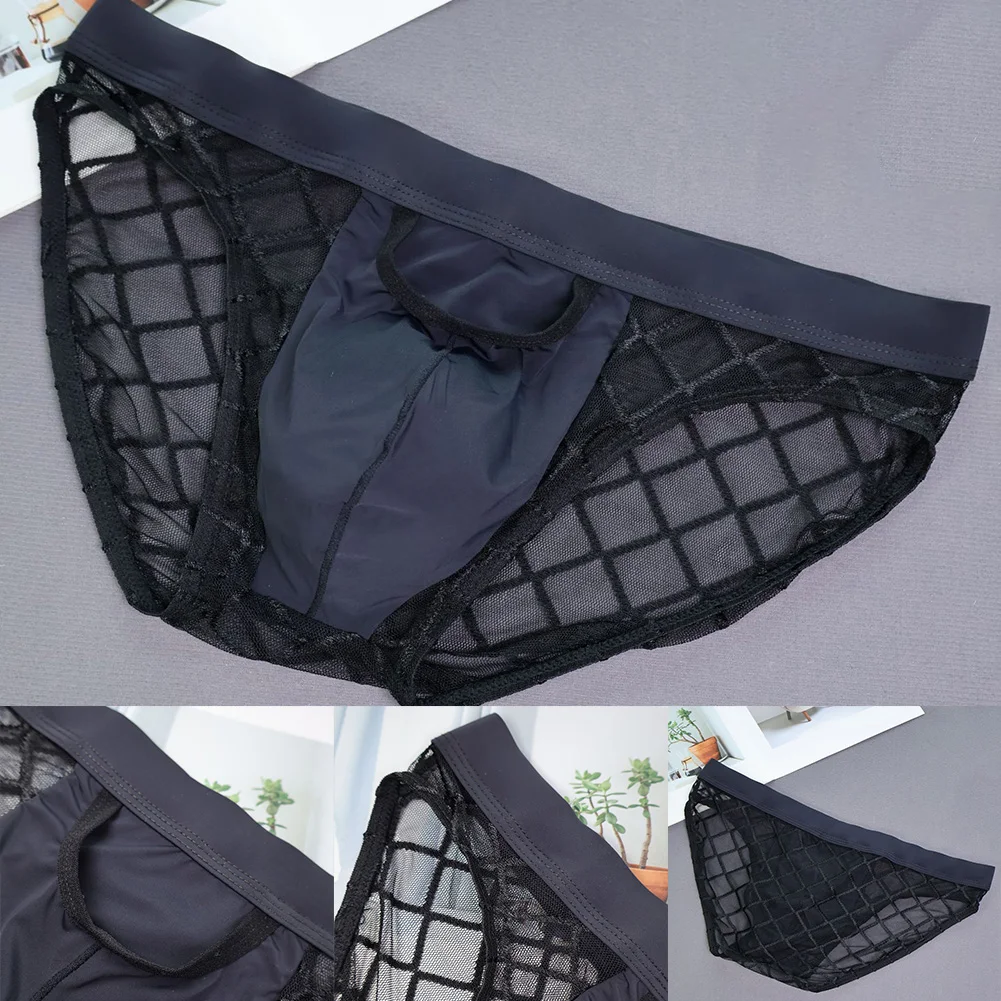 

Мужское сетчатое полупрозрачное нижнее белье в клетку, прозрачные трусы, трусики с большим мешочком и открытыми отверстиями для нижнего белья, полые трусы