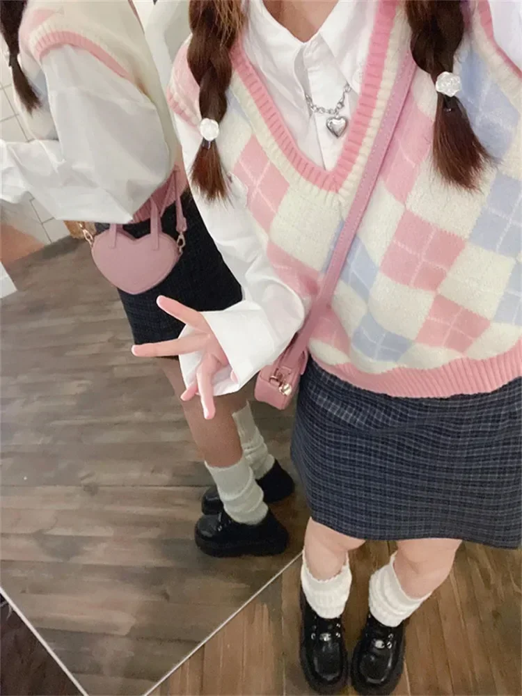 Kimotimo Colorblock Argyle Knit Vest Women Japanese Sweet Pink V Neck Overlap Short Pullover Kawaii Outer Sleeveless Y2k Sweater