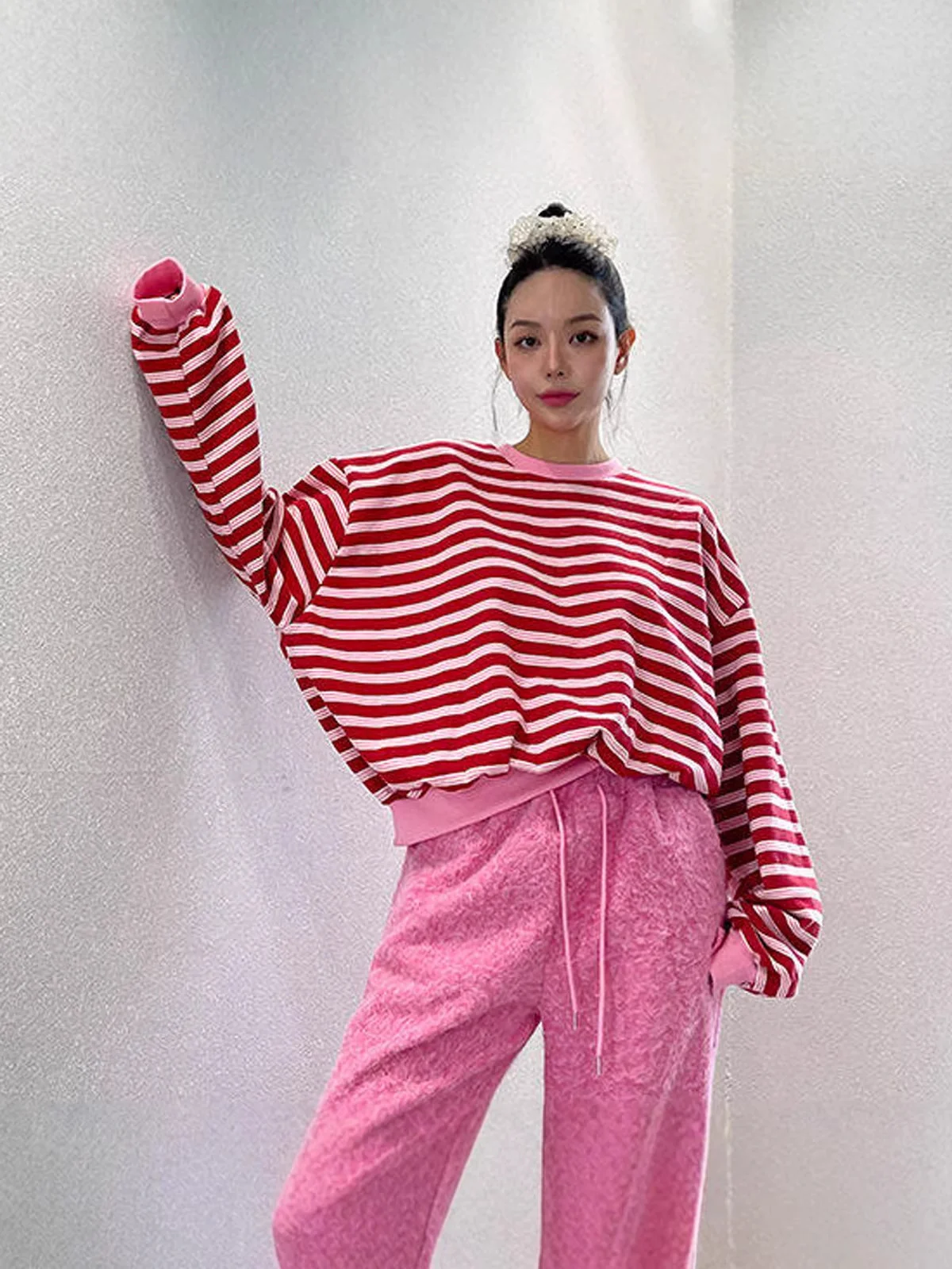 Soft‑girl Retro Striped Crew‑neck Sweatshirt, Drop‑shoulder Oversized Long‑sleeve Top, Spring Autumn Daily Casual Outfit