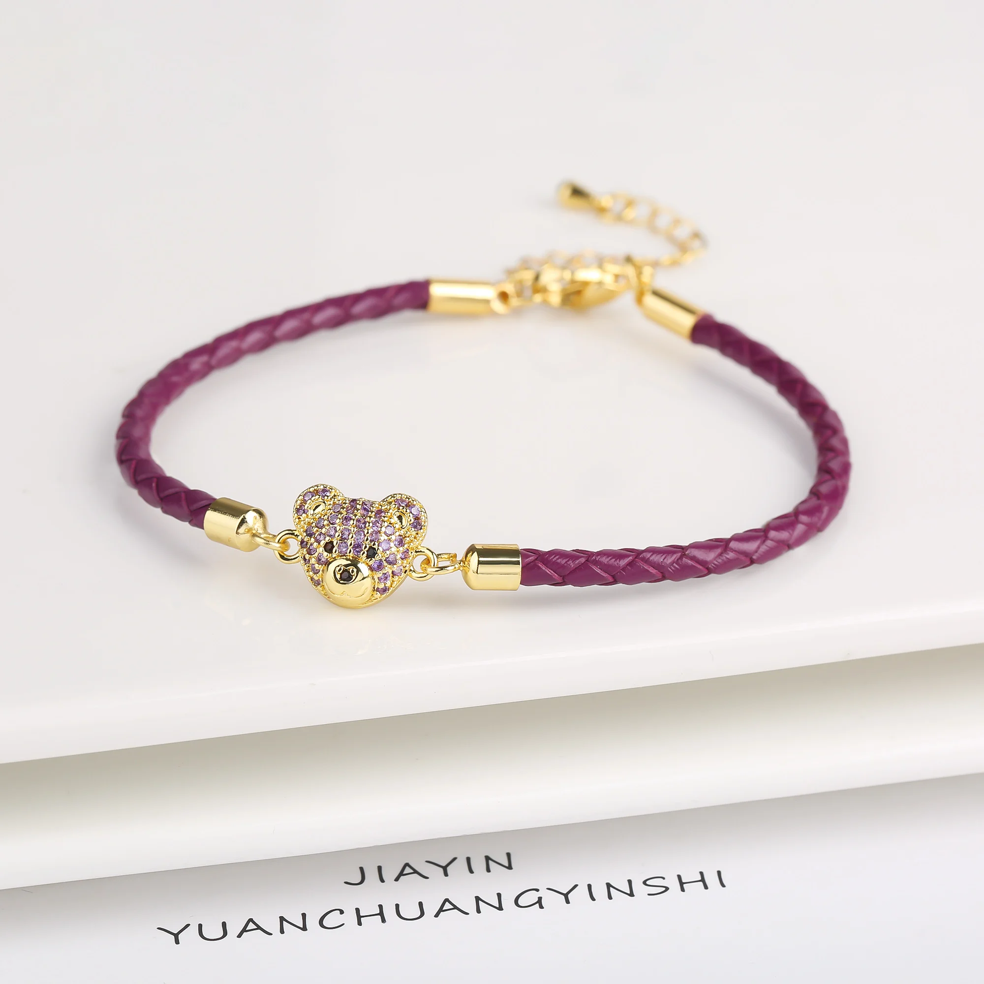 Hot Selling Cute Animal Zirconia Bear Leather Braided Adjustable Bracelet Fashion for Party Birthday Jewelry Gift Women Girls