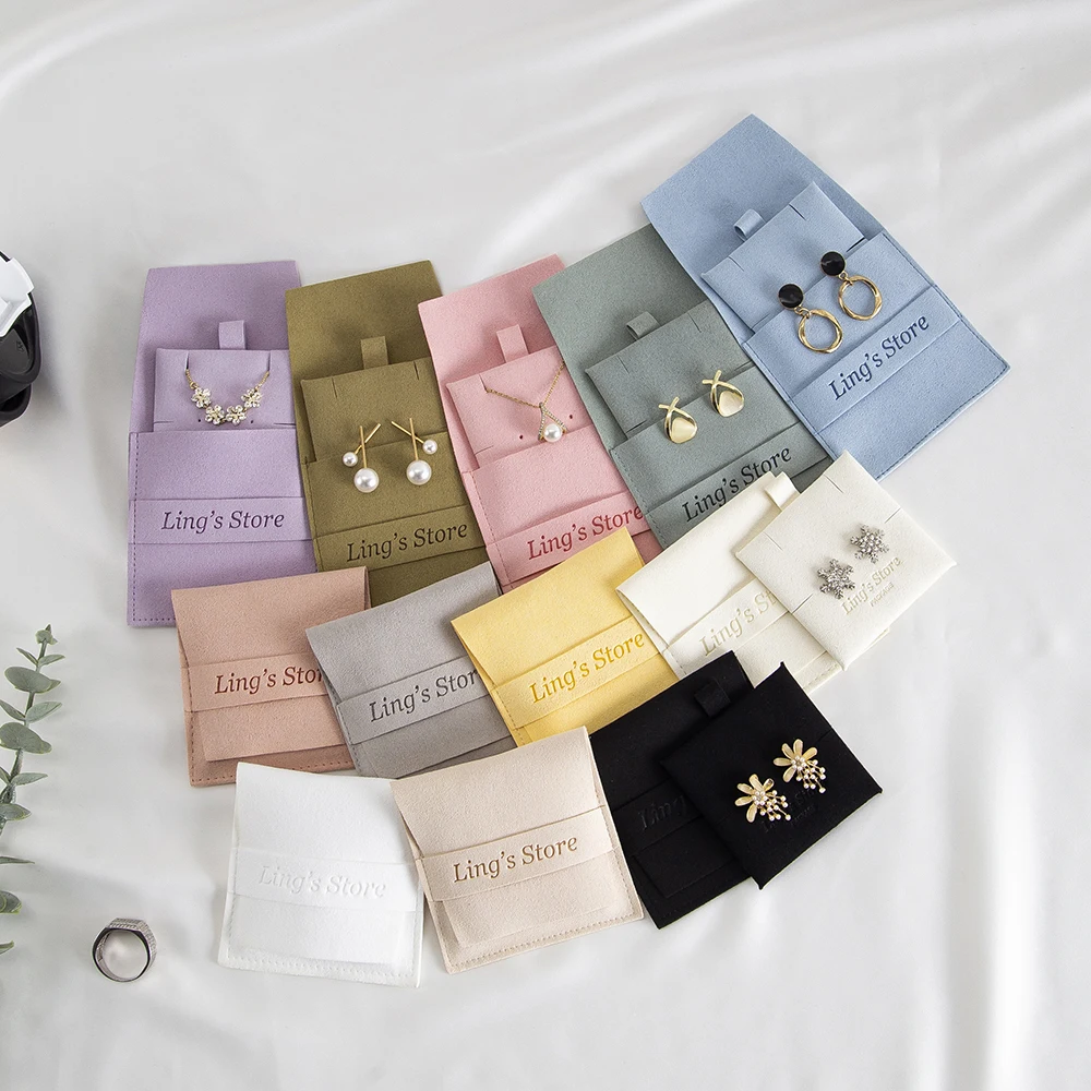 

Custom Logo Microfiber Jewelry Flap Bag with Insert Card Earrings Studs Necklack Packaging Keychain Bracelet Slots Display Pouch