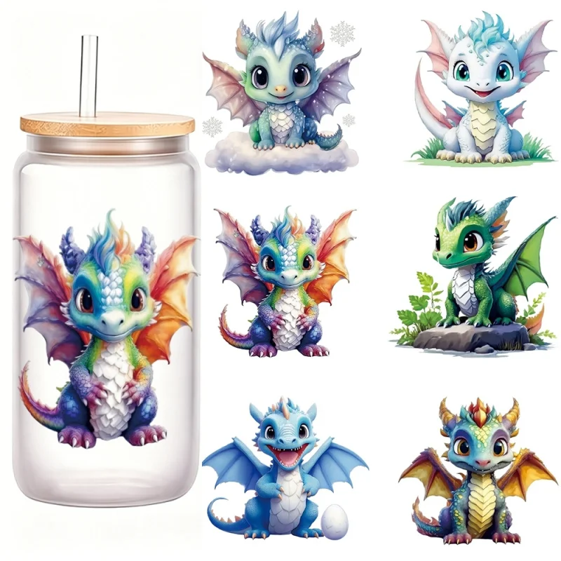 6Pcs Cute Baby Dragon UV DTF Cup Wraps Stickers, Colorful Crystal Transfer Decals for 16oz Glass Can, Cartoon Cup Stickers