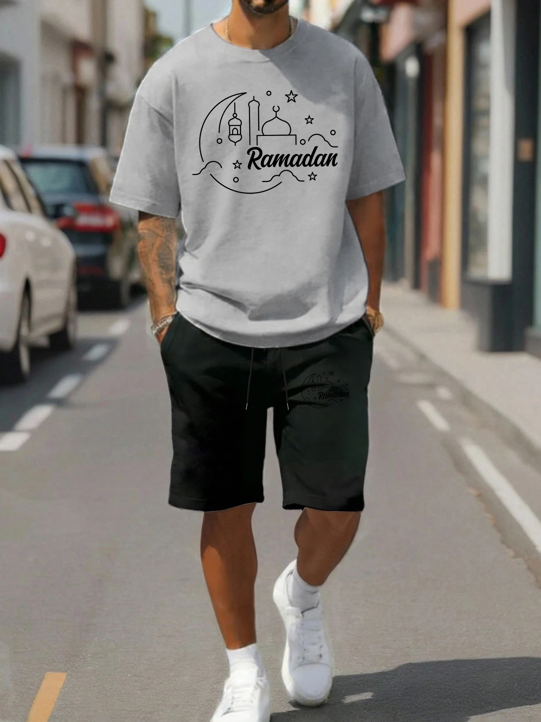 

Ramadan Lantern Stars Silhouette Print T Shirt Suit Men Casual Cotton Top Summer Drawstring Shorts Unisex Fashion Short Sleeve