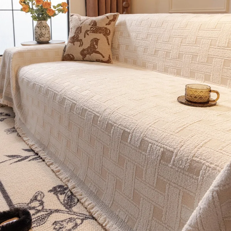 

Chenille Sofa Throw Blanket with Tassels Anti-cat Scratches Sofa Slipcover Dustproof Couch Protector Camping Picnic Blanket