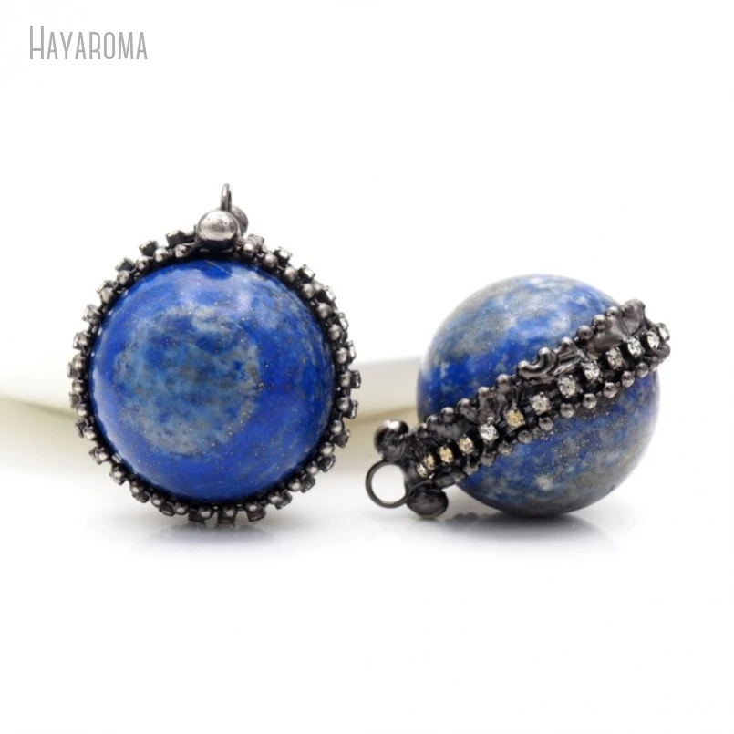 

10Pcs Wholesale Soldered Ball Vintage Handmade Jewelry Antique Silver Color Tin White Rhinestone Lapis Lazuli Pendant PM43491