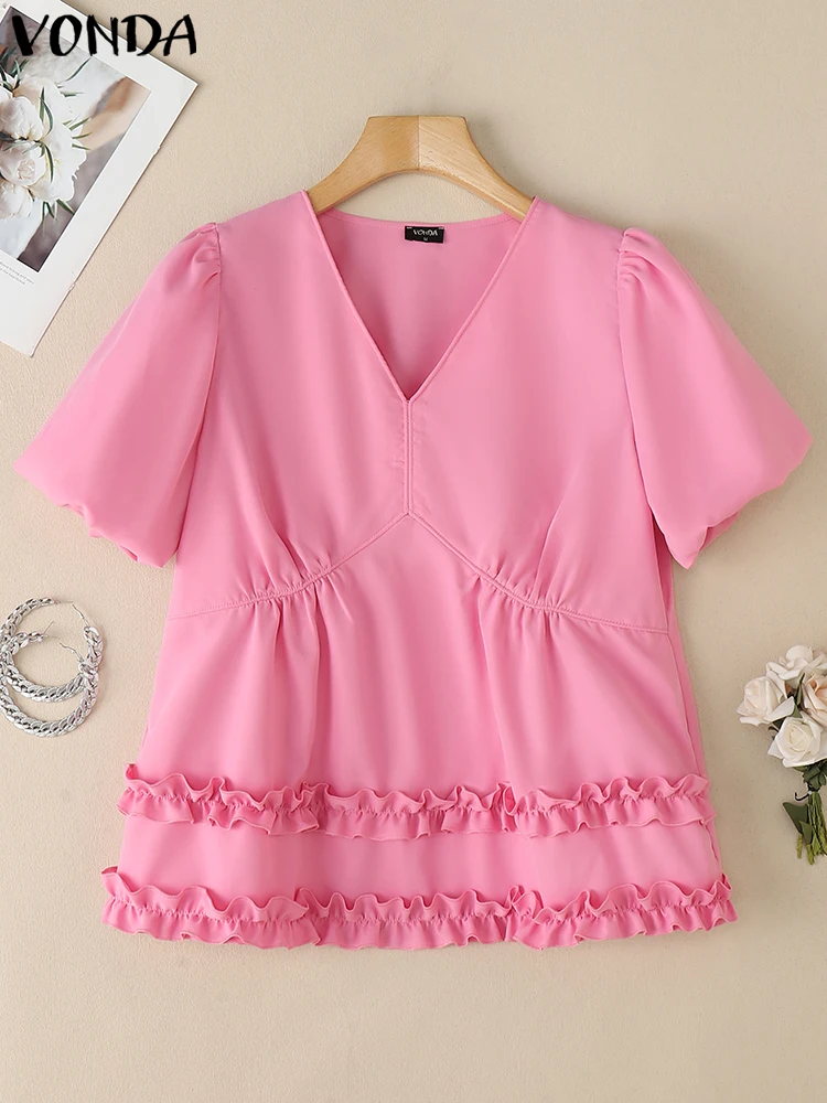 

Summer Women Blouse Fashion Solid Ruffled Tops Casual Short Puff Sleeve Tunic 2025 Elegant V Neck Blusas OL Work Shirts S-3XL
