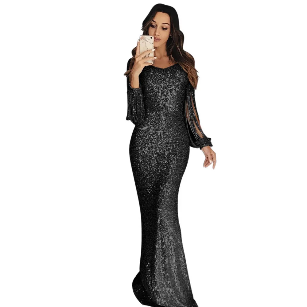 2025 femmes robe à manches longues frange soirée bretelles robes De soirée 2025 élégant perlé robes De bal formelle fête Vestido De Gala