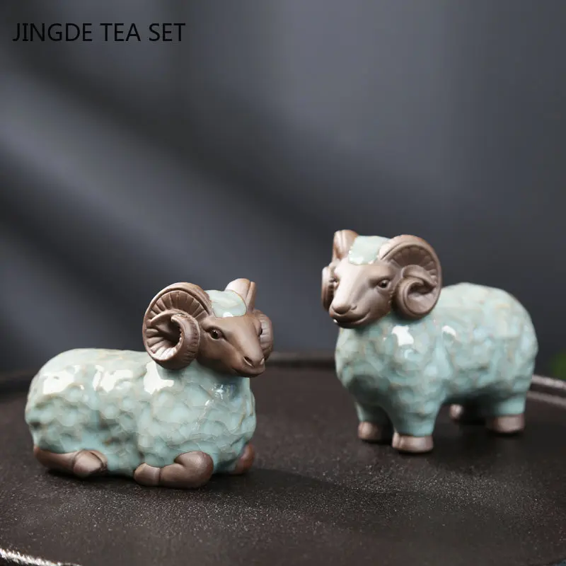 Retro Ceramics Tea Pet Chinese Zodiac Sheep Statue Animal Tea Figurine Ornaments Desktop Crafts Tea Set Decoration Accessories