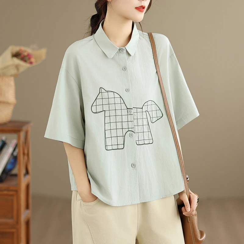 

Casual Loose Women's Short Sleeve Embroidered Shirt plus Size Comfortable Versatile Top Trendy Cotton Blend Summer Fashion
