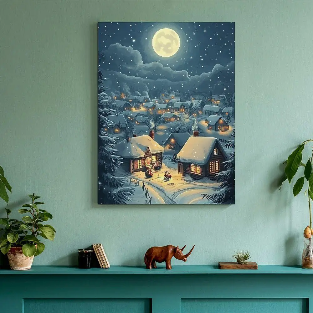 Mural de pueblo de Navidad con paisaje nevado de invierno, iluminación de cabaña nocturna nevada, decoración artística, marco de lienzo de ambiente cálido para invierno, 1 ud.