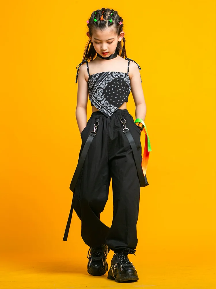 キッズブラックKPOPパンクヒップホップ服クロップトッププリーツメッシュスカートタクティカルカーゴパンツ女の子用ジャズダンスコスチュームセット服
