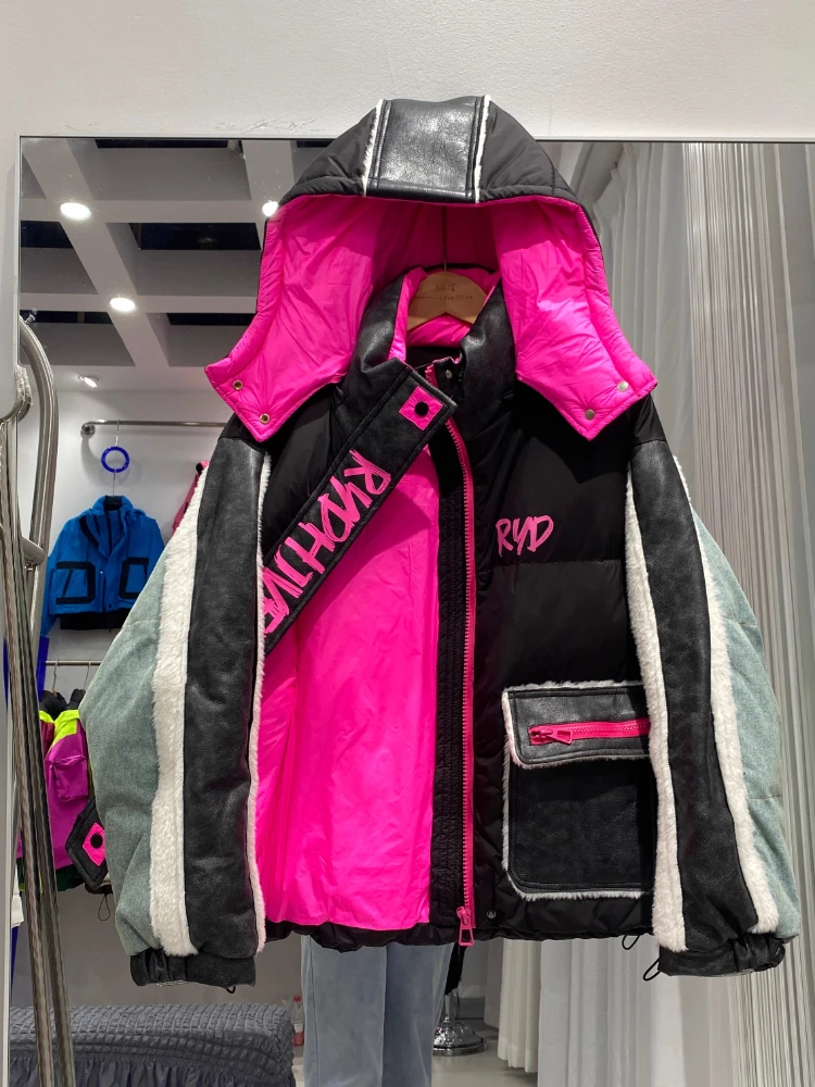 Streetwear denim contraste para baixo jaqueta moda feminina na moda destacável boné parker engrossado quente masculino e senhoras casaco de casal